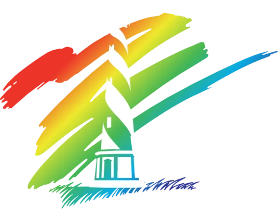 A white lighthouse with a spiral design stands in front of four diagonal, rainbow-colored brush strokes on a transparent background.