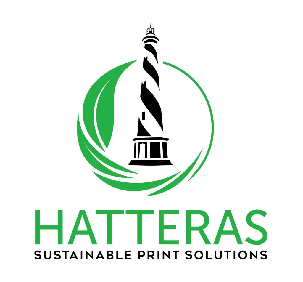 Logo for Hatteras Sustainable Print Solutions featuring a black-and-white lighthouse inside a green circular design, with the company name and slogan below.