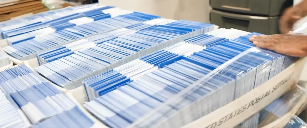 Rows of blue and white envelopes are stacked in trays, organized for mailing or distribution.