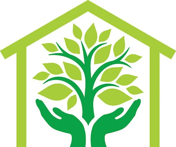 A green tree with many leaves is held by two hands inside the outline of a house.
