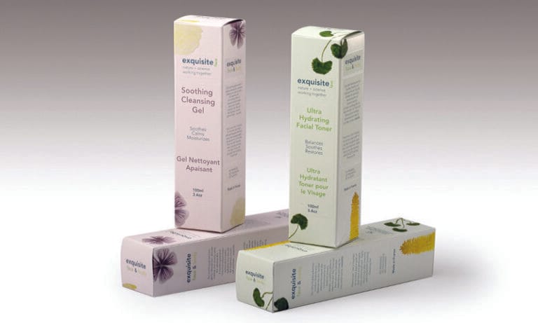 Three rectangular skincare product boxes labeled "Soothing Cleansing Gel" and "Ultra Hydrating Facial Toner" are arranged on a white background, each with botanical illustrations.