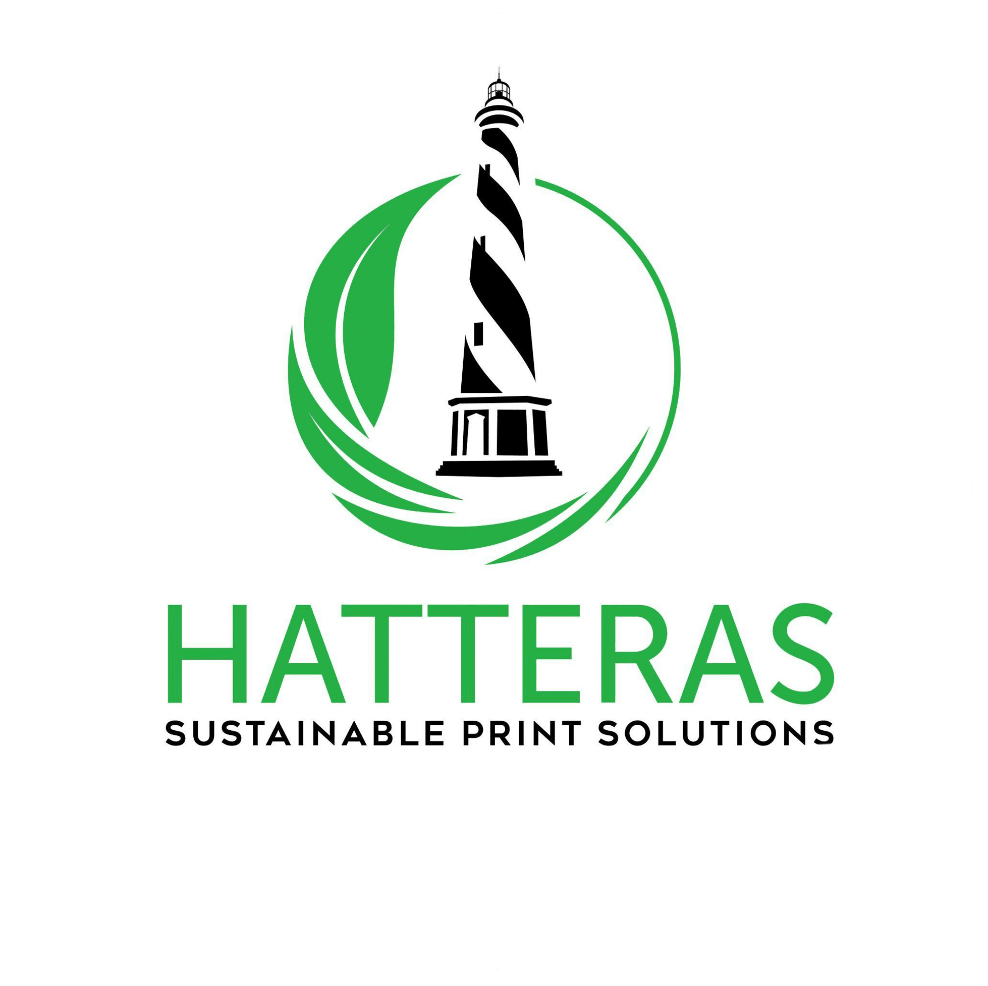 Logo with a black and white lighthouse surrounded by green swooshes. Text below reads, "Hatteras Sustainable Print Solutions.