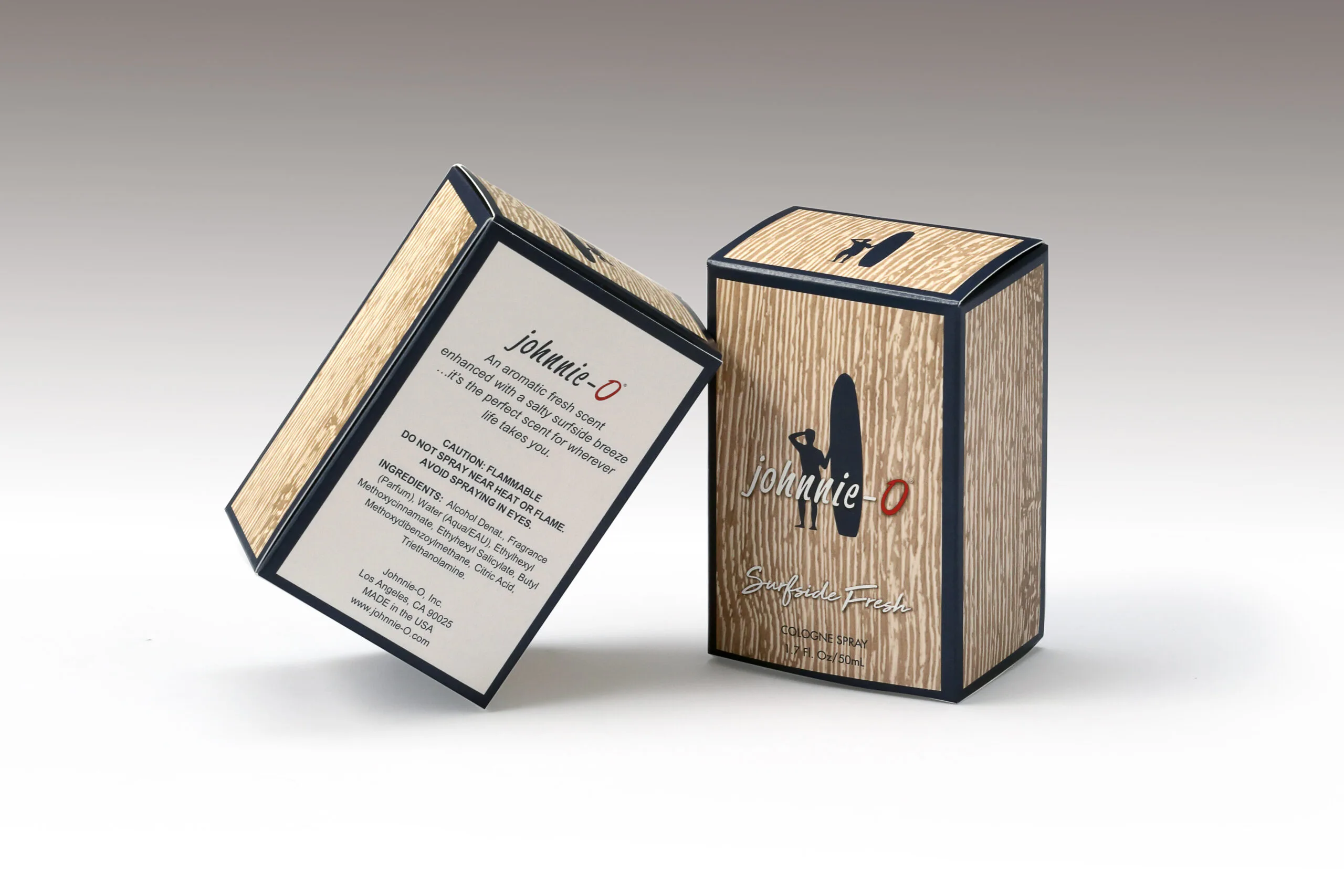 Two rectangular johnnie-O Signature Fresh boxes with wood grain design; one box is upright, the other is angled to show product information and branding.