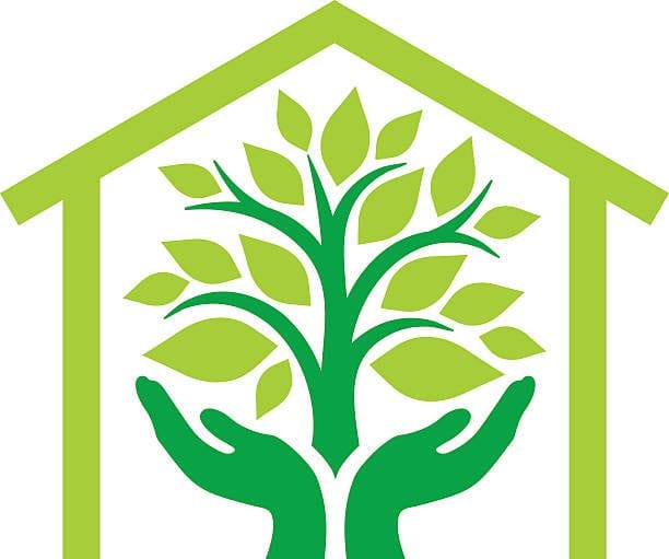 A green tree with many leaves is supported by two green hands, all enclosed within a simple green house outline.