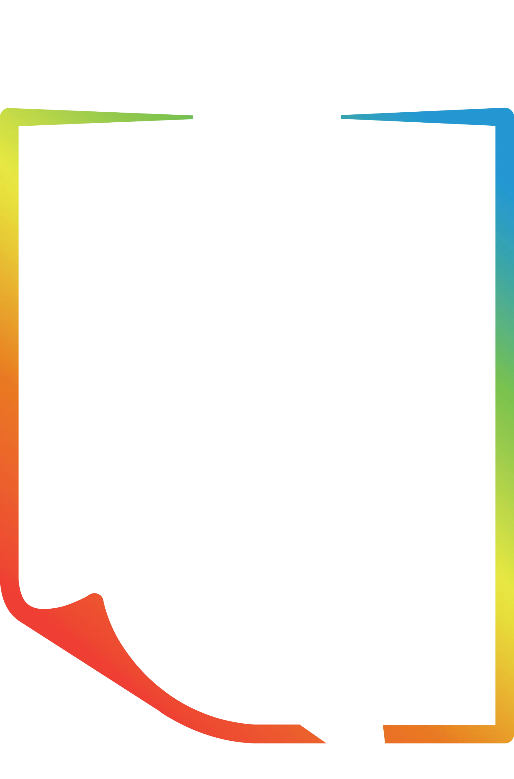 Abstract black background with a tall white spiral ribbon running downward, framed by rainbow-gradient borders on the sides and a red curved arc at the bottom.