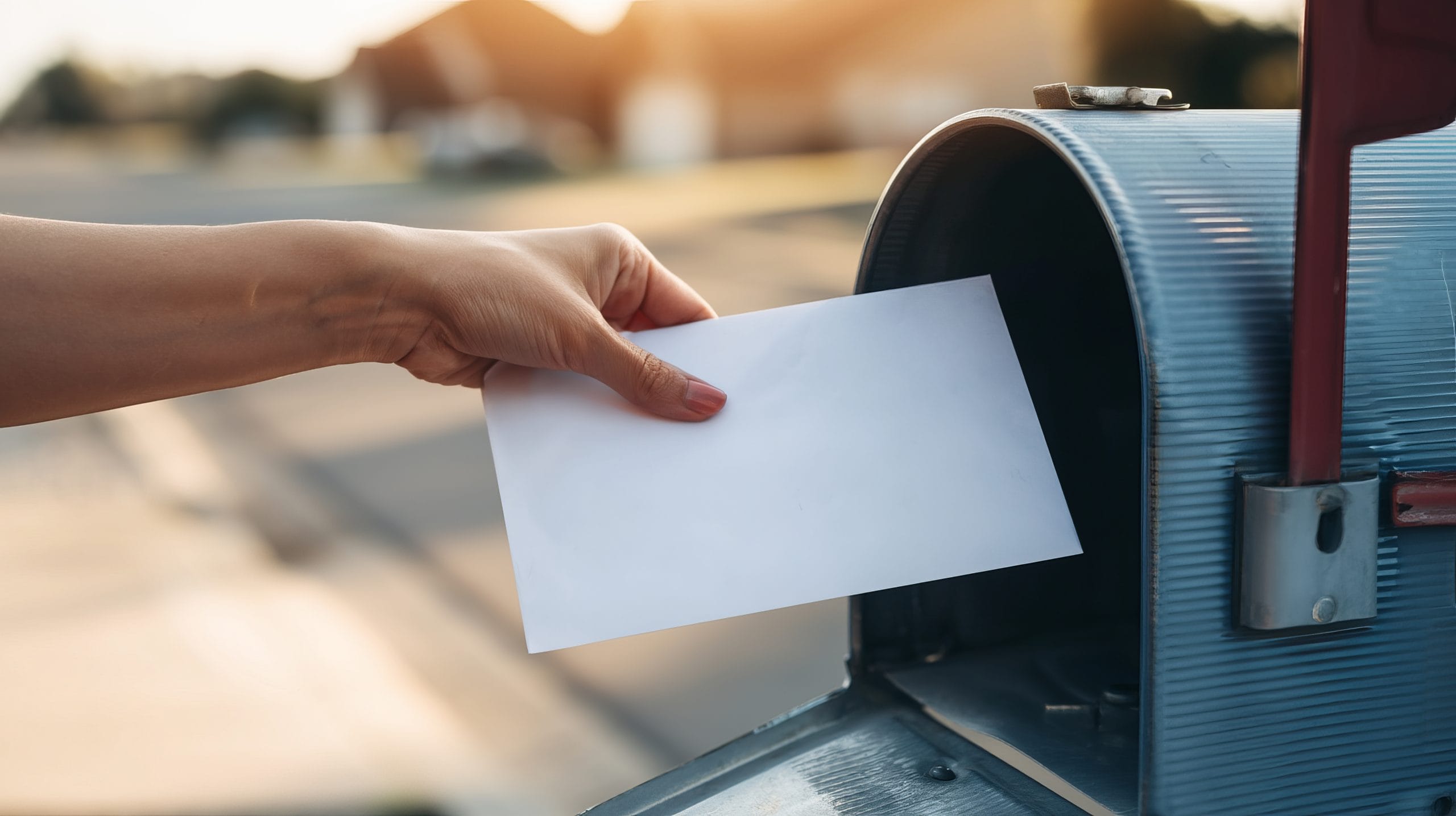 Mailbox hand envelope mail letter delivery Close up hand placing white envelope into blue mailbox, warm sunlight
